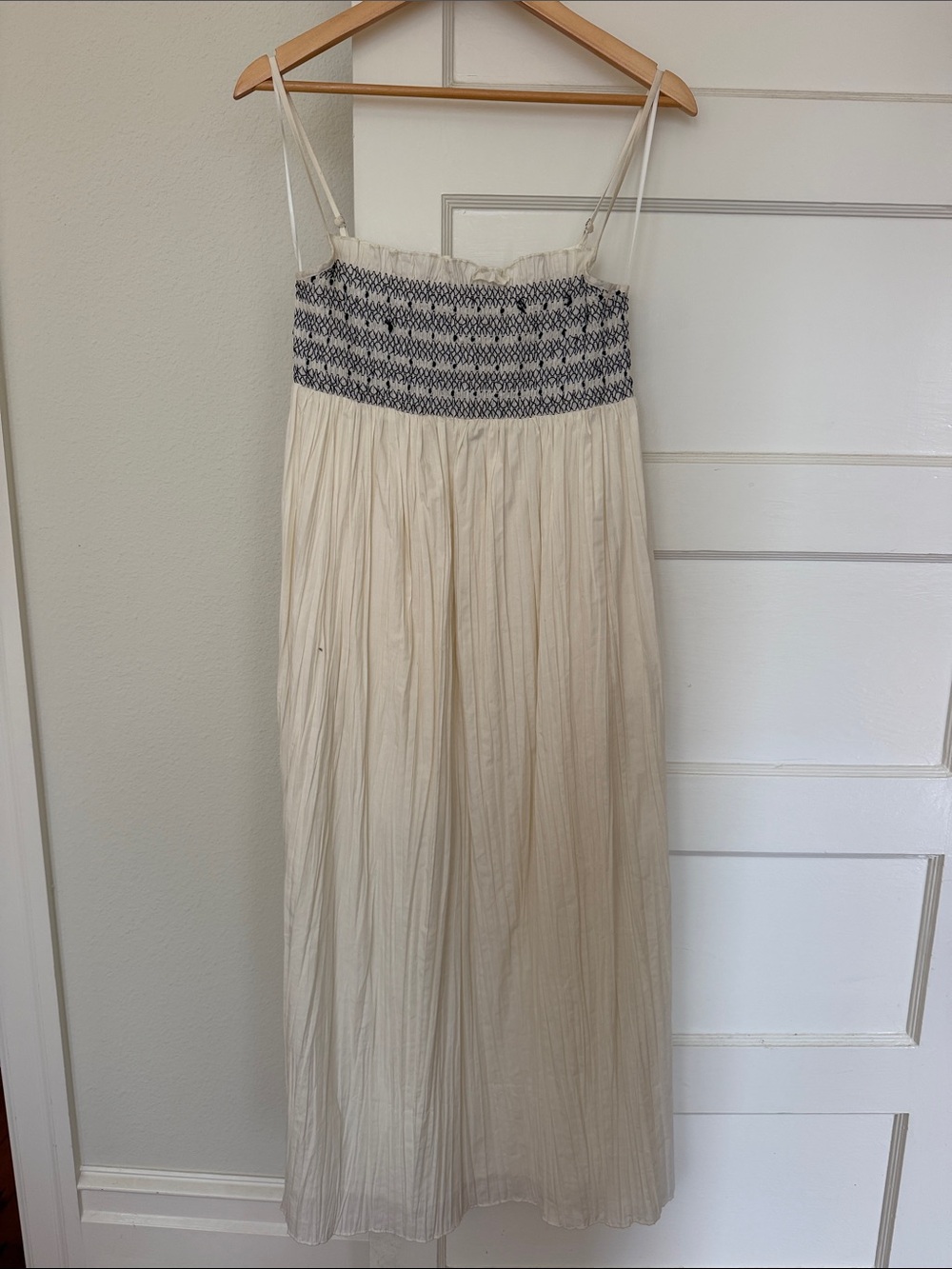 J. Crew Cream Maxi Dress with Navy Smocked Bodice